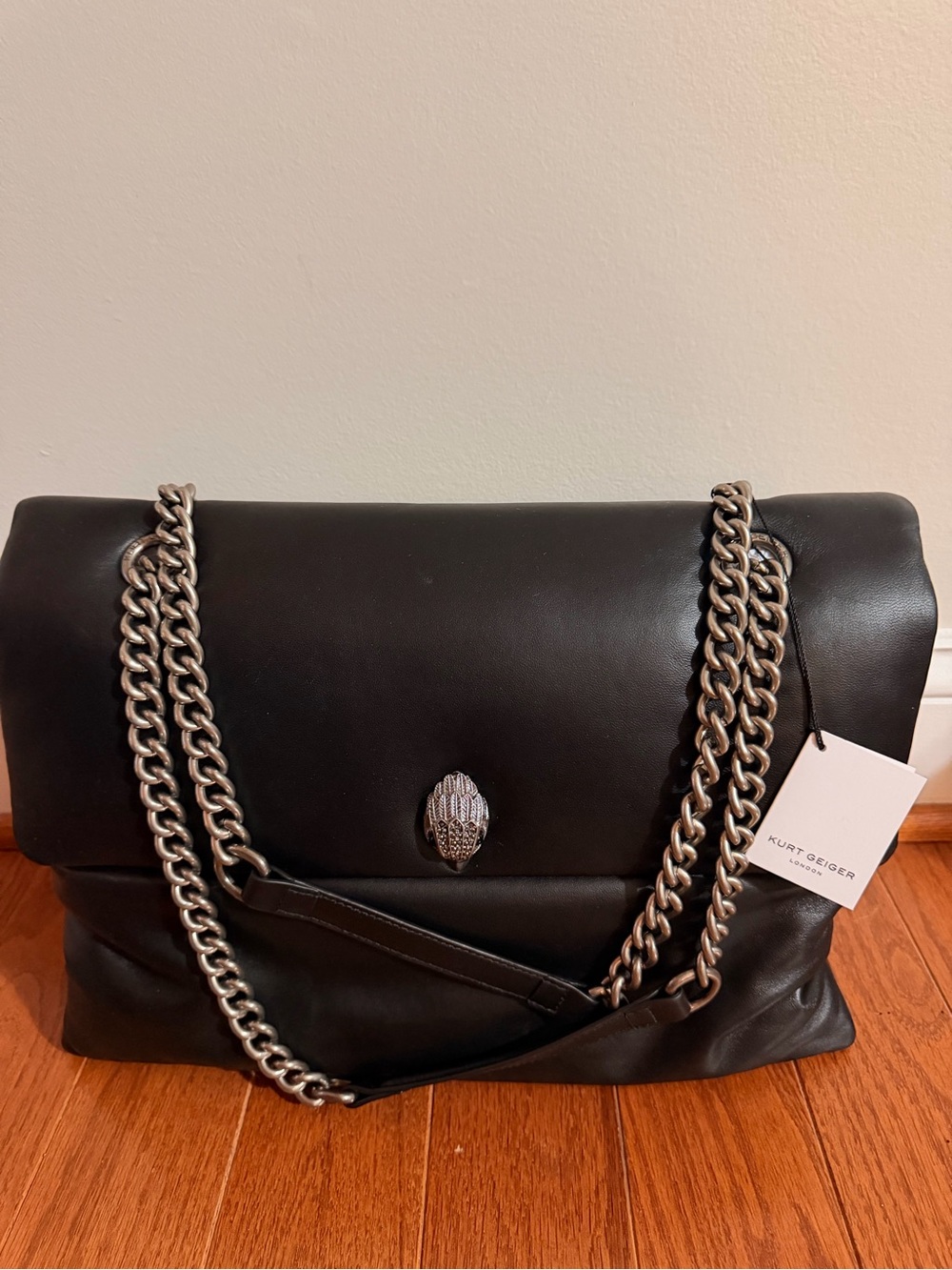Kurt Geiger Black Leather XXL Shoulder Bag with Silver Chain